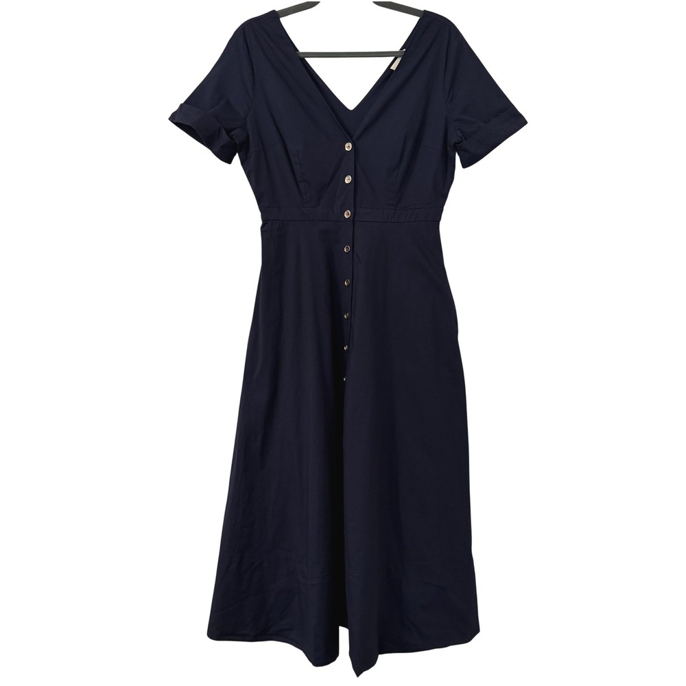 Tuckernuck Navy Blue Cotton Button Front Midi Dress Pockets Womens S Minimalist